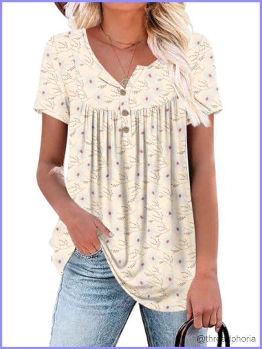 Women's Tunic Top Short Sleeve Henley Pleated Loose Fit Summer Shirt for